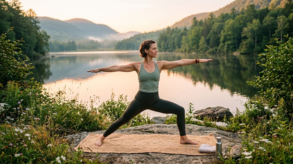 A serene image of a person practicing yoga in a peaceful outdoor setting, embodying vitality and hea
