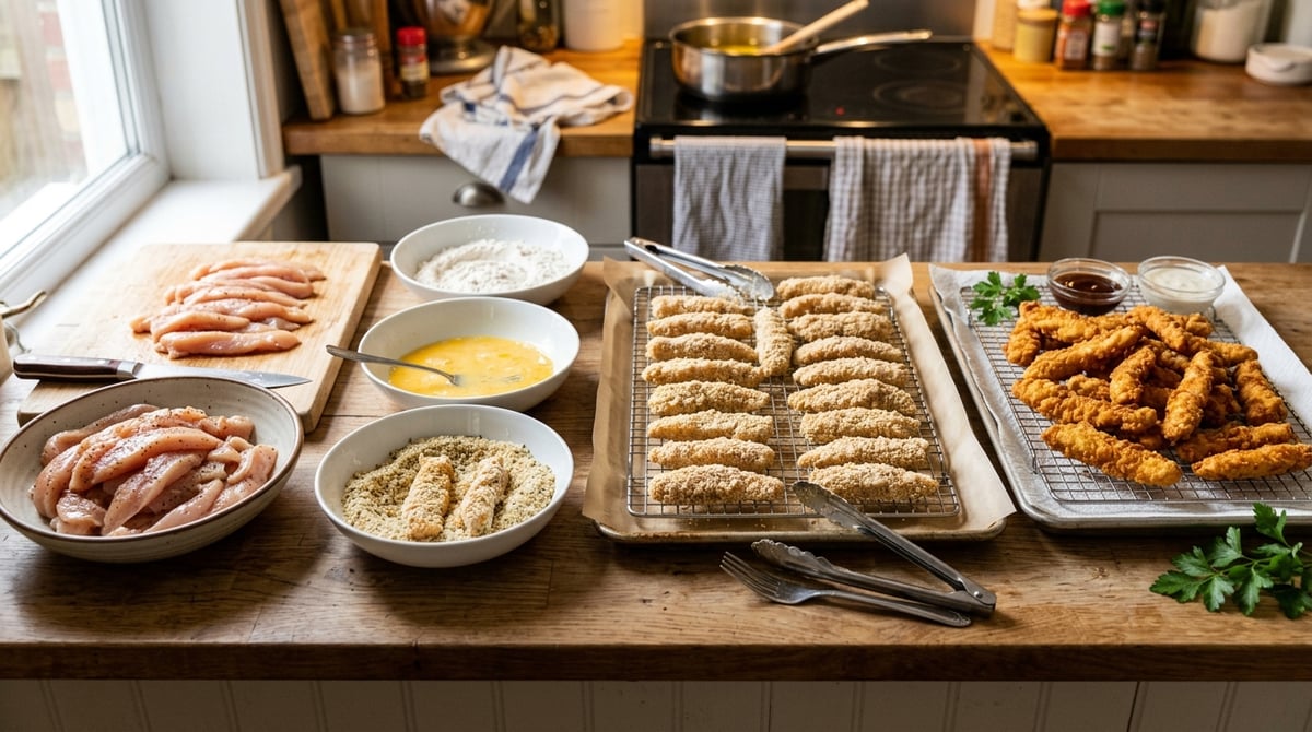 A step-by-step kitchen scene: sliced raw chicken strips, dredging bowls lined up, breaded chicken fr