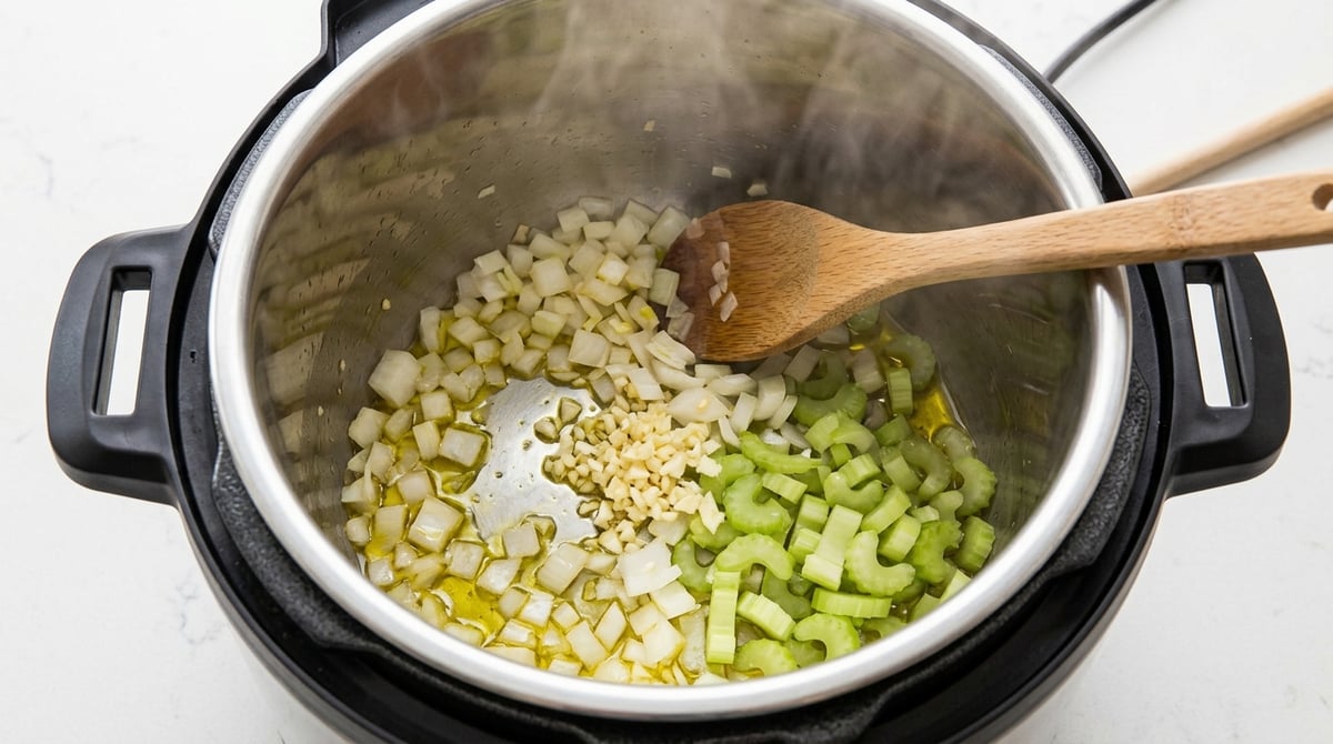 Step-by-step original kitchen photos: sautéing aromatics in the Instant Pot, adding browned chicken 