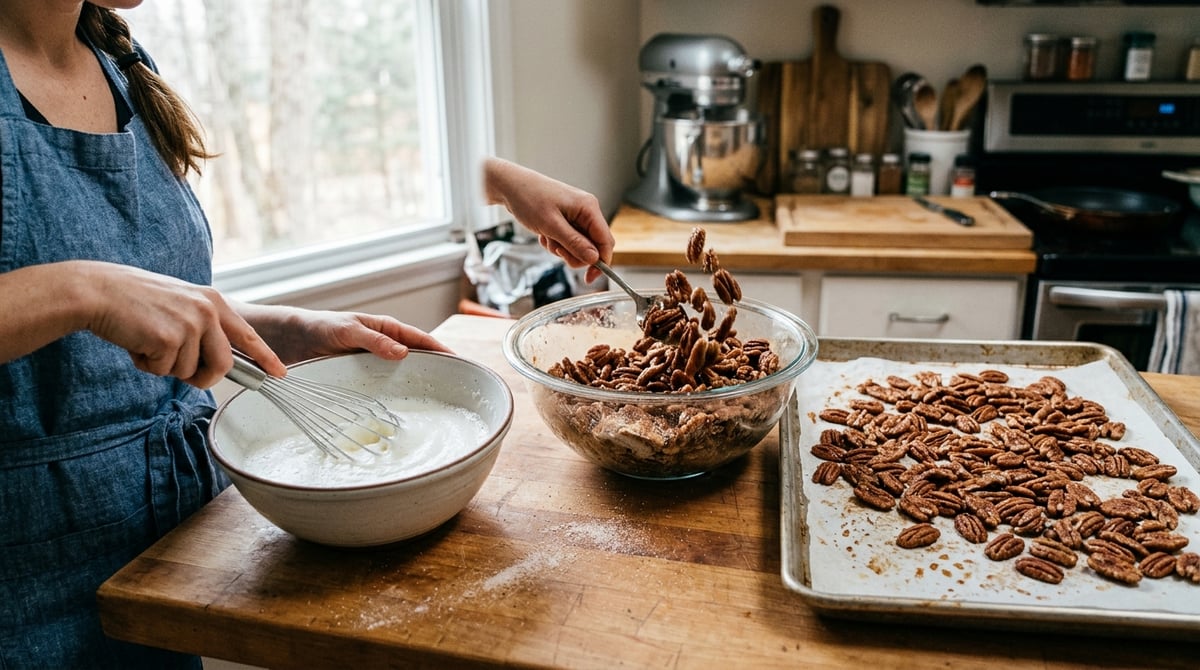 Process photos of sugar and spice pecans: whisking egg whites in a bowl, tossing pecans with sugar a