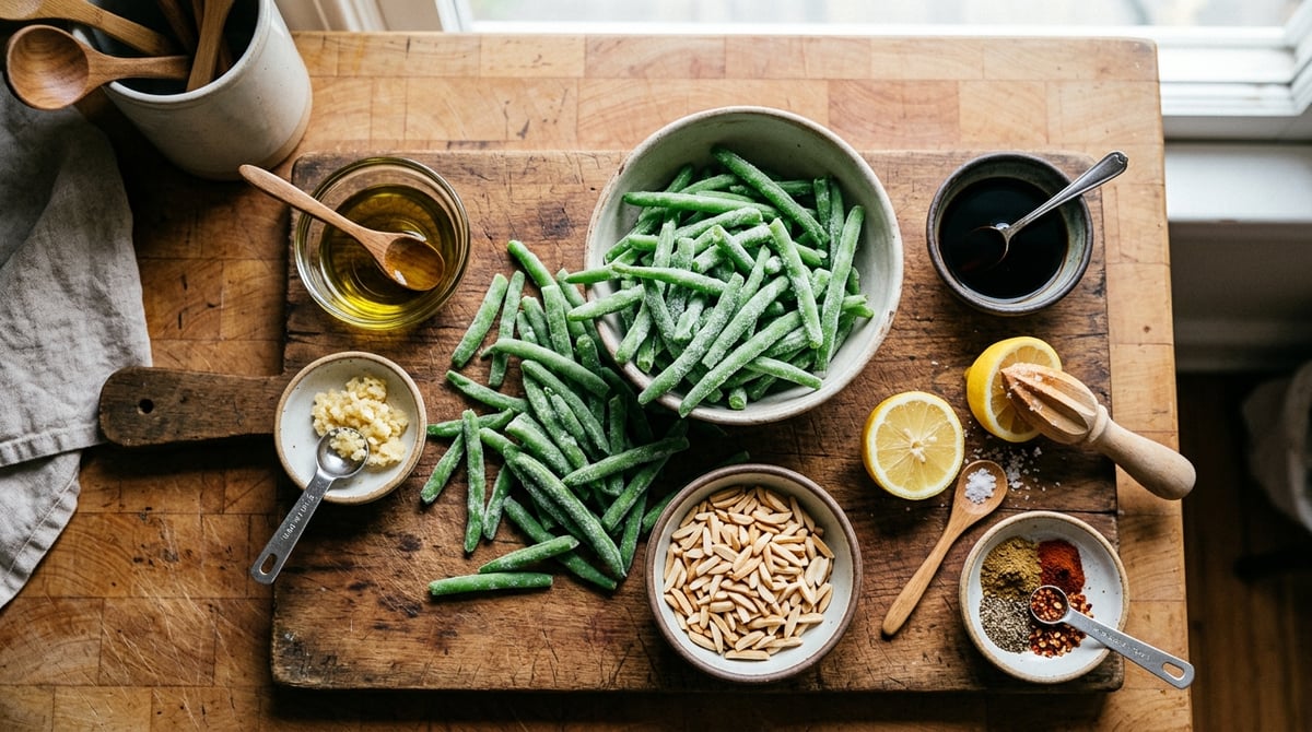 A flat lay photo of bright green, frozen green beans spilling onto a rustic wooden board, surrounded