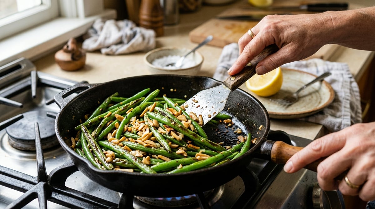 A close-up photo of a home cook's hands stirring bright green, glistening sautéed green beans with v