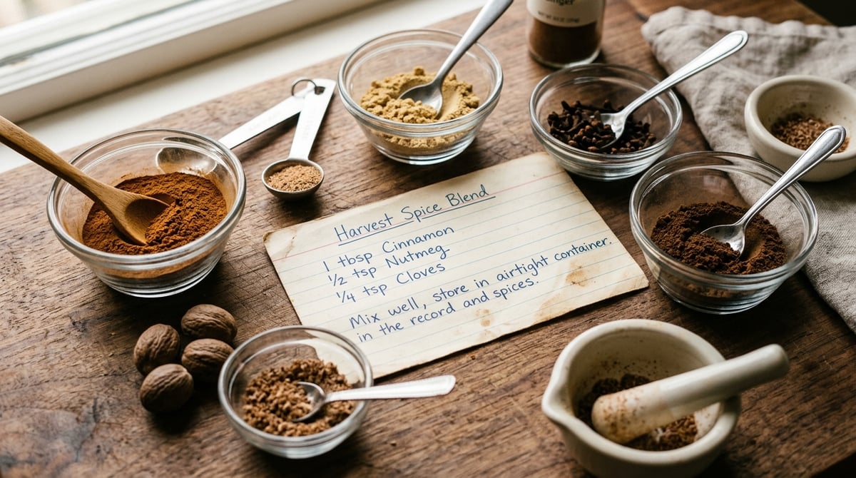 Small glass bowls and measuring spoons holding ground cinnamon, nutmeg (whole and ground), allspice,