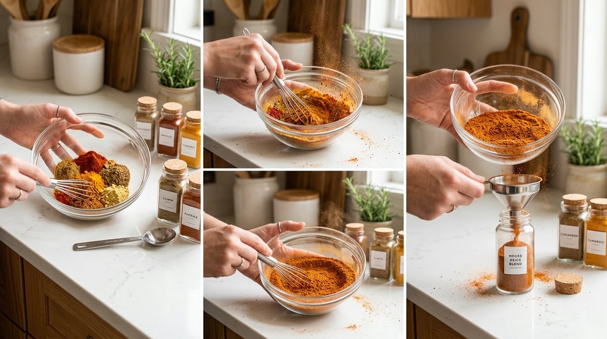 Step-by-step panel showing mixing ground spices in a glass bowl, whisking with a small fork, and fun