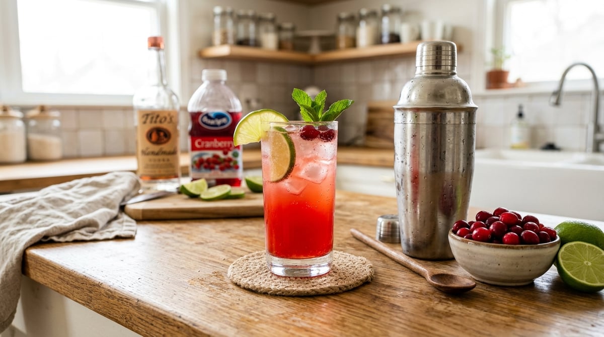 A real, home kitchen photo of a vodka cranberry drink with lime wedge, set on a wooden countertop be