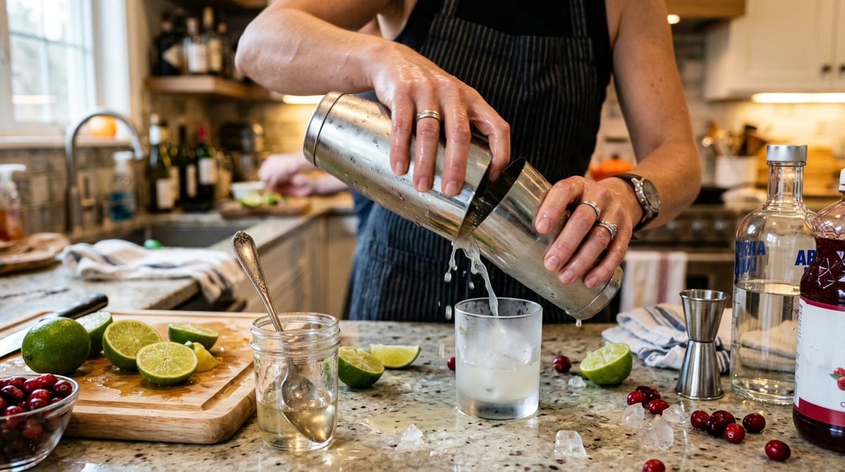 Hands shaking a cocktail shaker over a kitchen counter, surrounded by sliced limes, a spoonful of si