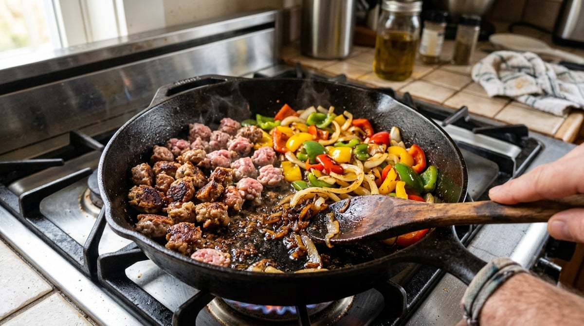 A stovetop shot mid-cooking: a closeup of a skillet with half-browned sausage on one side, vibrant p