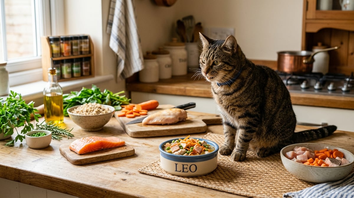 A cozy home kitchen with a tabby cat sitting near a bowl of freshly prepared cat food made from real