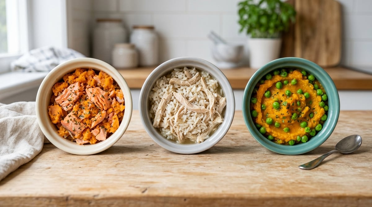Overhead shot of three small ramekins, each filled with a different style of homemade cat food: one