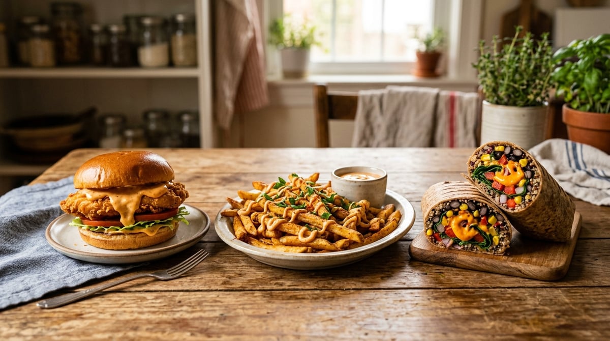 Three dishes on one rustic kitchen table: a crispy chicken sandwich oozing creamy chipotle mayo, a p