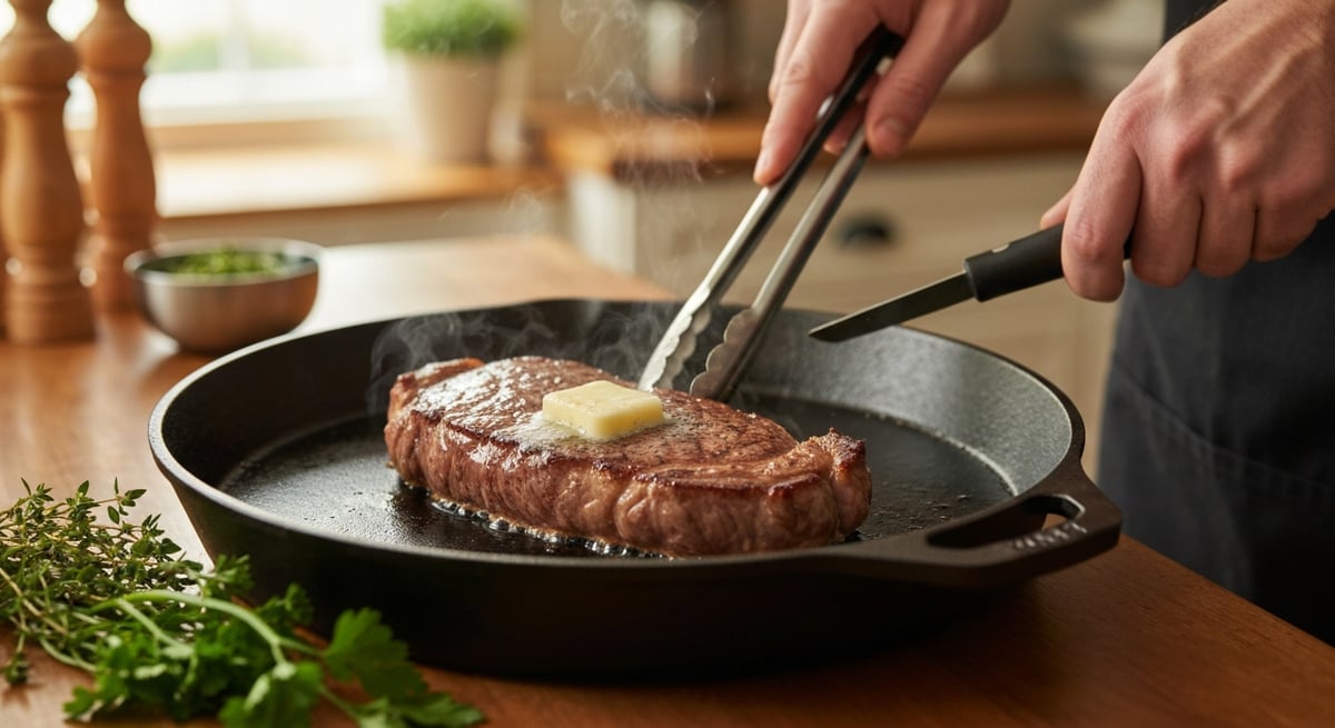 Close up of NY strip roast on a cast iron pan, butter bubbling, edges browning, with tongs turning i