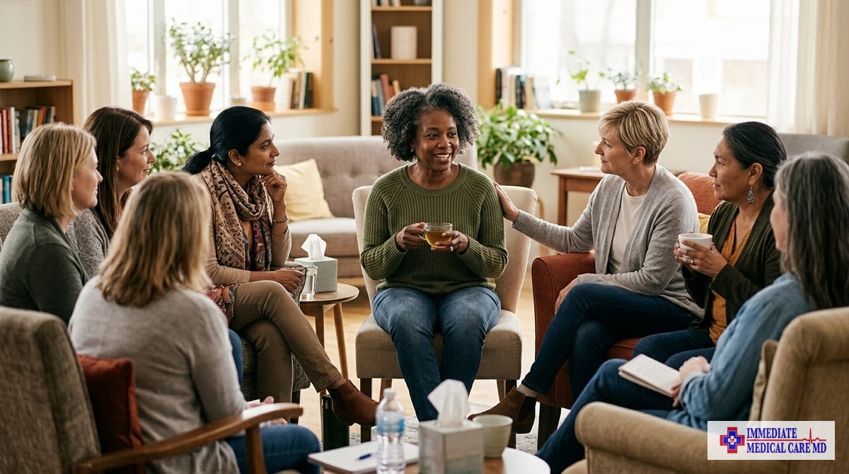 Photo-realistic image of diverse women sitting together in a circle sharing their experiences and su