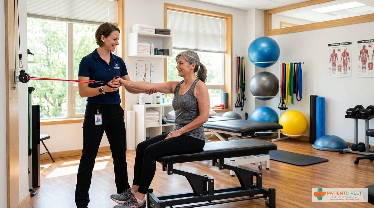 A photo-realistic image of a physical therapist guiding a patient through rehabilitation exercises, 