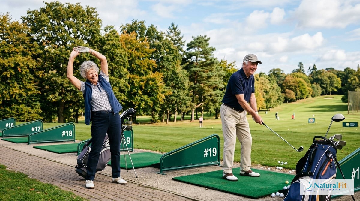 An elderly couple doing golf swings on a driving range, both smiling, with beautiful trees in the ba