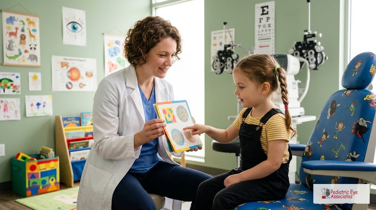 A pediatric ophthalmologist gently examining a child's eyes in a bright, welcoming office environmen