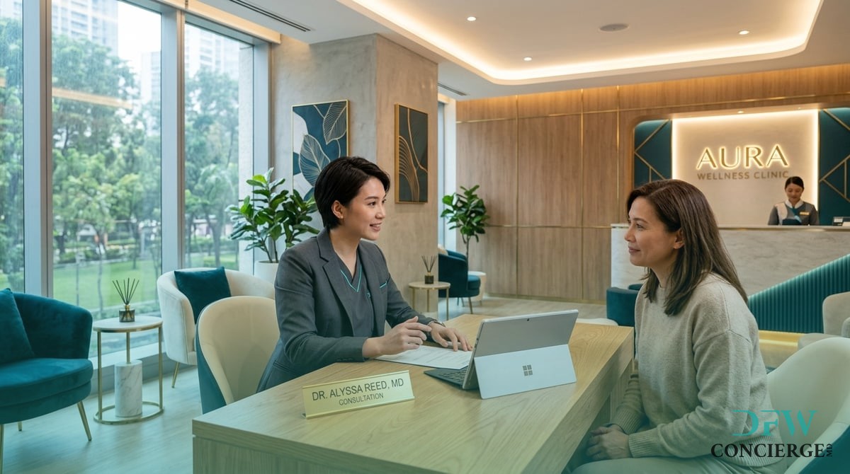 A modern luxurious wellness clinic with professional staff providing personalized consultation. Warm
