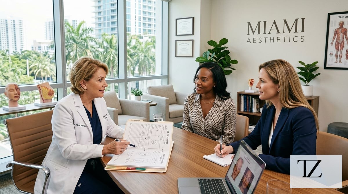 A professional, welcoming Miami plastic surgery clinic consultation room with an experienced surgeon