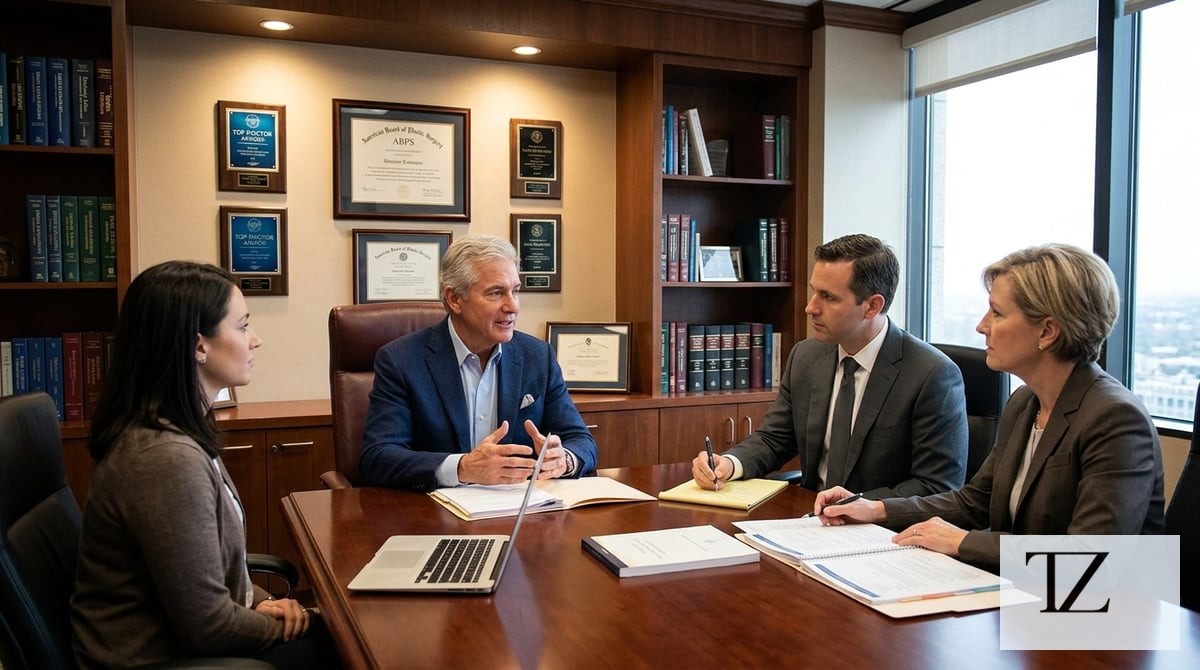 A distinguished plastic surgeon with medical awards and professional certifications displayed in an 