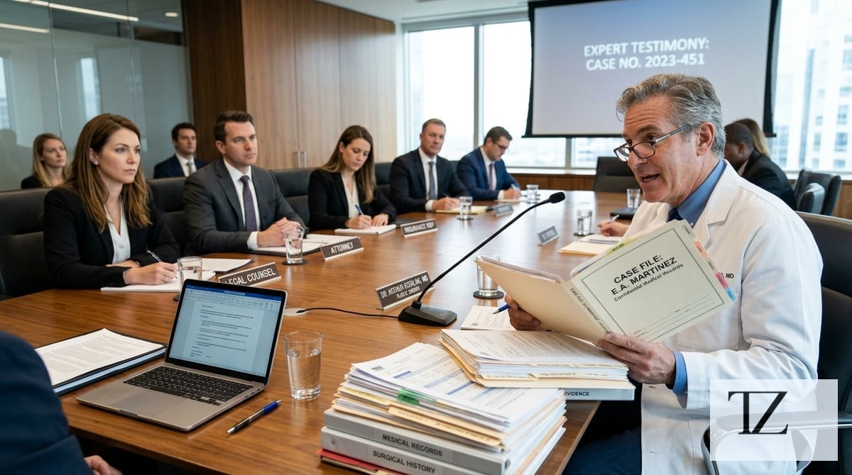 An accomplished male plastic surgeon in a white coat, reviewing a thick case file with a stack of me