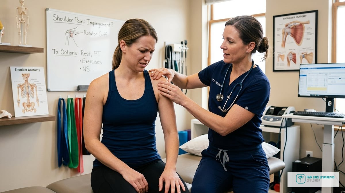 A healthcare professional examining a patient's shoulder, showing signs of shoulder pain and discuss