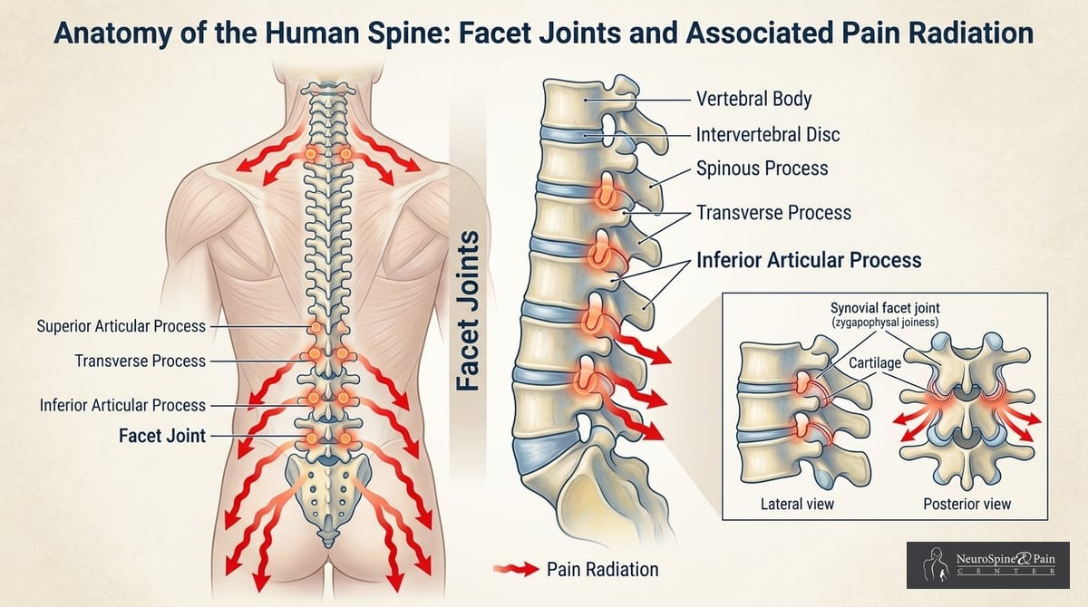 A detailed illustration showing the human spine highlighting the location of facet joints, with arro