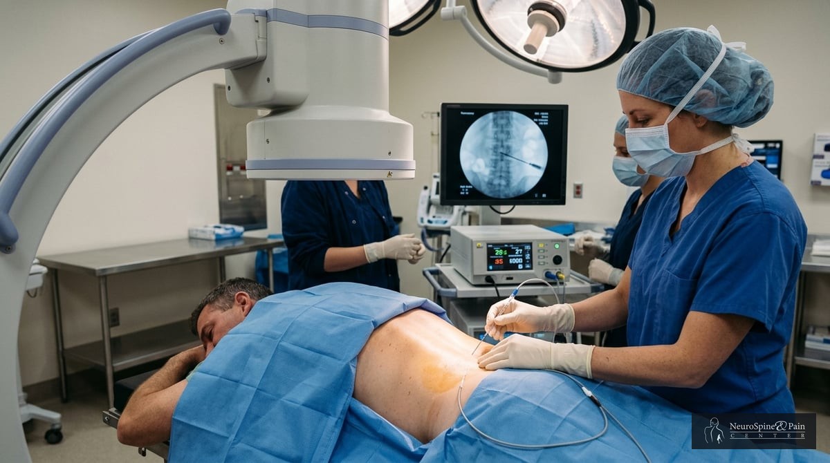 An image of a healthcare professional performing radiofrequency ablation on a patient’s back in a st