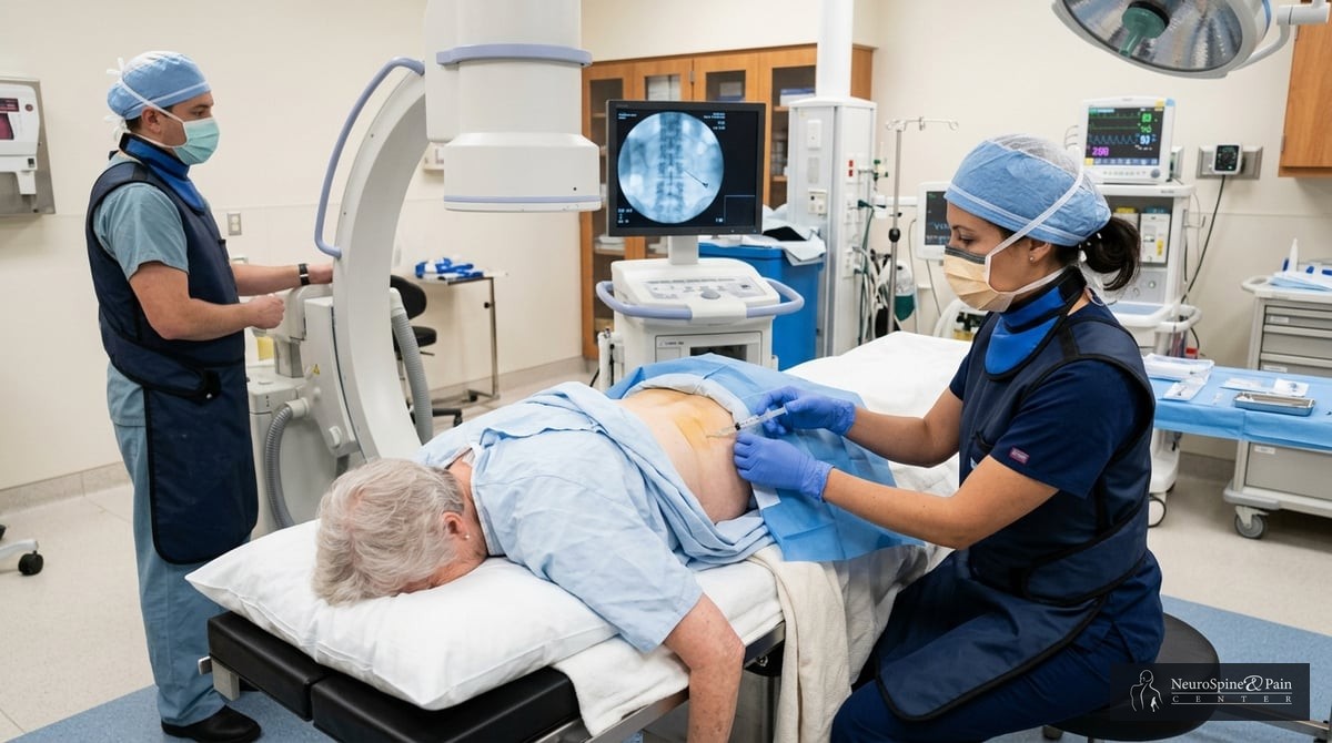 A photo of a healthcare professional performing a facet joint injection procedure on a patient in a
