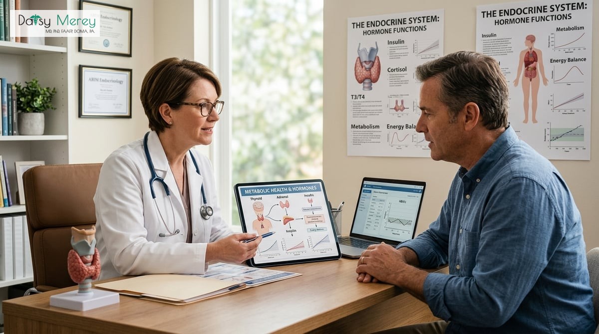 A tranquil image illustrating a doctor consulting a patient about hormones and metabolic health, wit