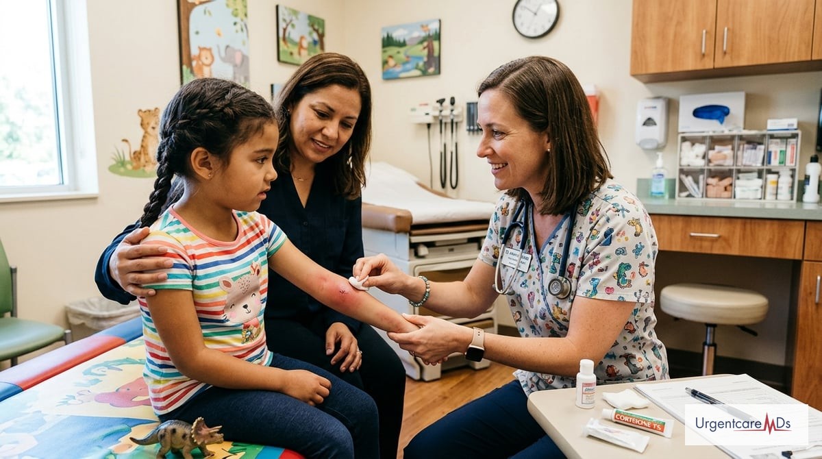 A caring medical professional attending to a child with a swollen insect bite on their arm, showcasi