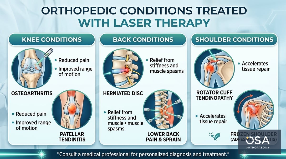 A graphic displaying various orthopedic conditions that can be treated with laser therapy, like imag
