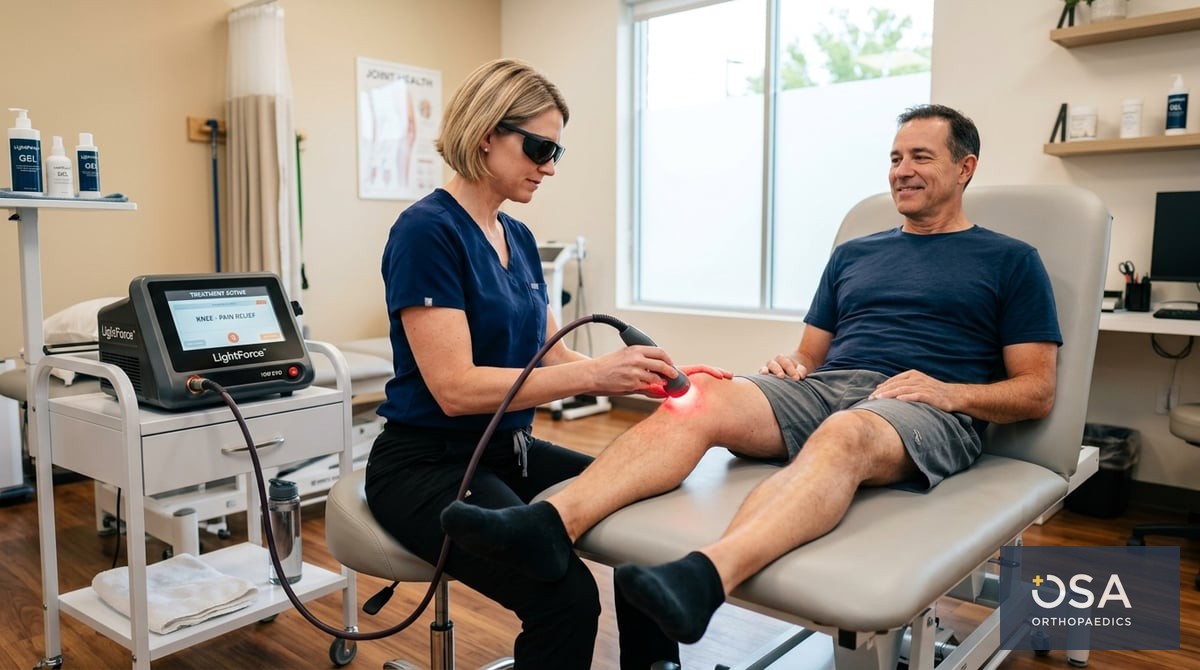 A therapist applying LightForce™ laser therapy to a patient's knee, showcasing the high-tech laser d