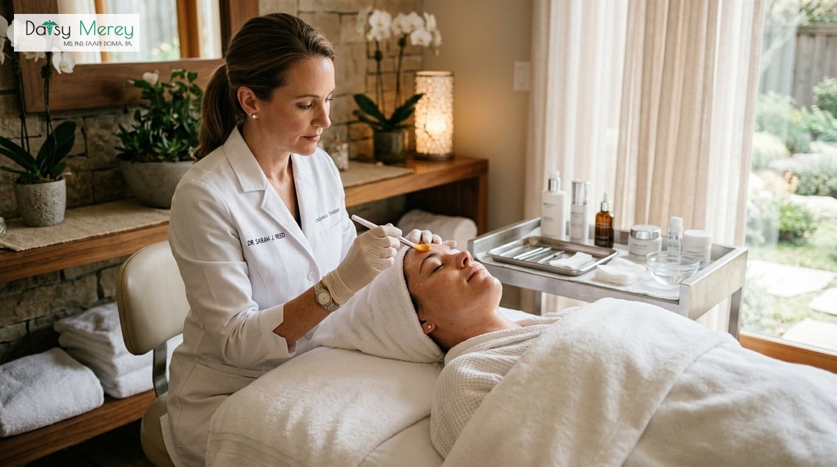 A serene spa setting showing a dermatologist applying a chemical peel treatment to a patient.