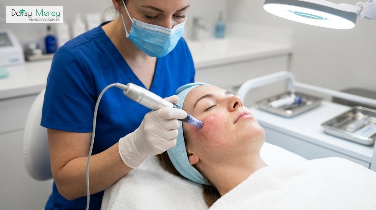 A professional performing microneedling on a client's face, showcasing the device creating tiny punc