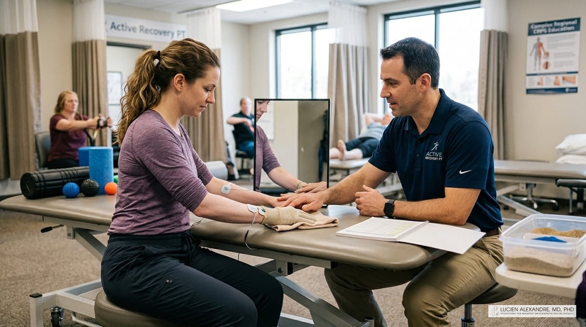 An image showing a physical therapy session where a therapist is helping a patient with exercises de