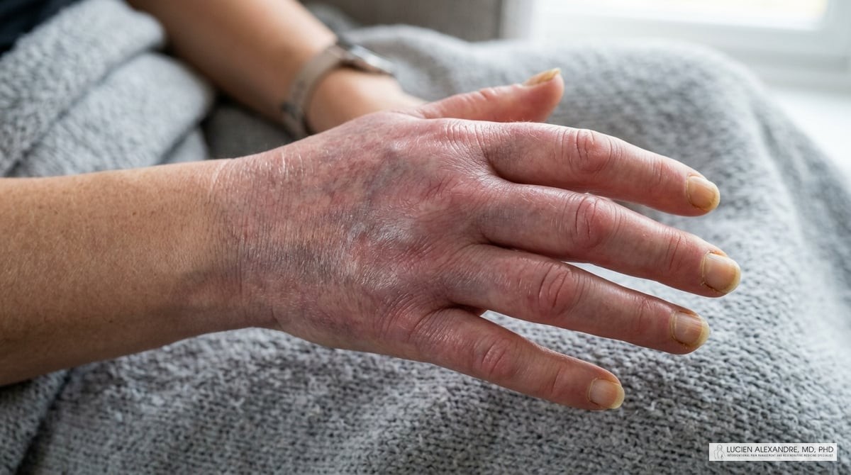 A close-up image of a hand with noticeable swelling and changes in skin color, illustrating symptoms