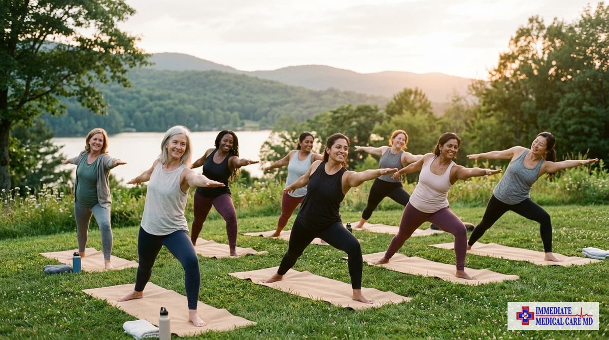 An inspiring image of a diverse group of women practicing yoga in a peaceful outdoor setting, showca