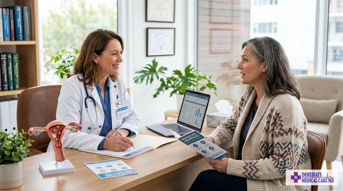 A comforting, professional medical environment showcasing a female patient consulting with a caring 