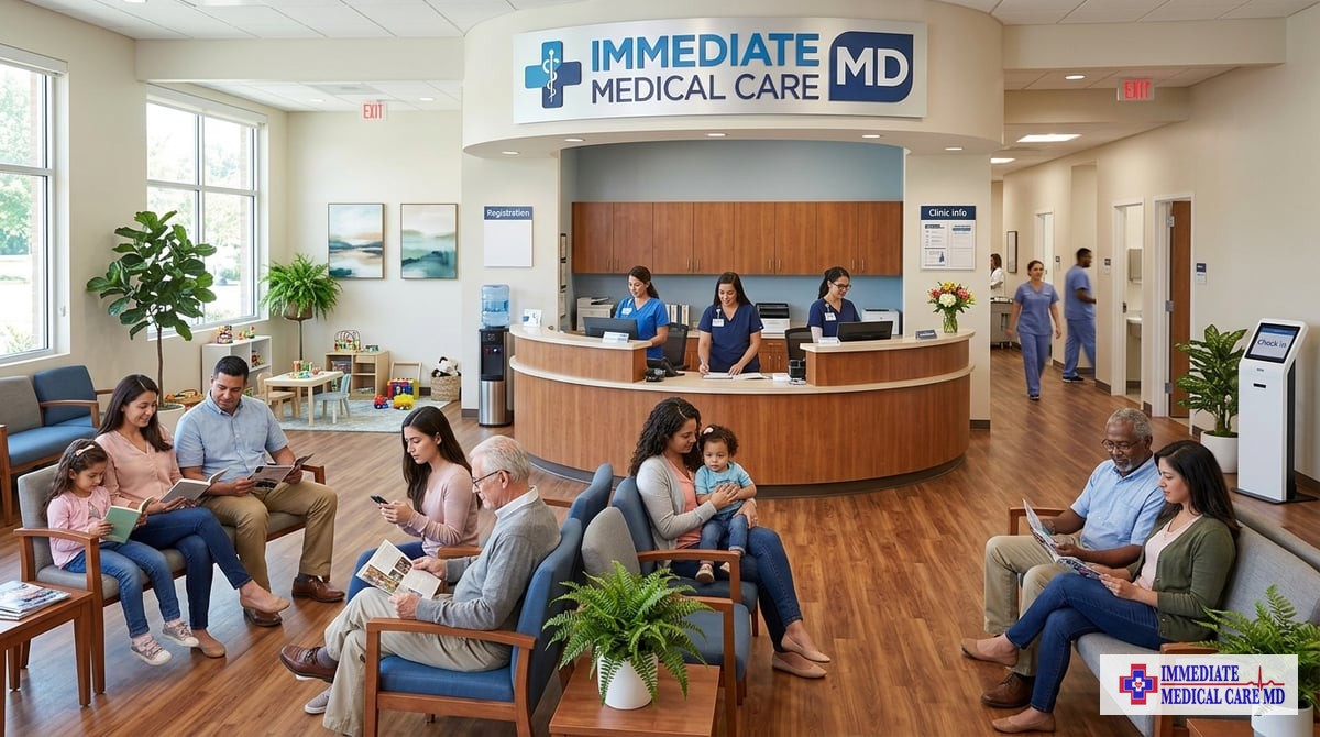 A calm and welcoming reception area of Immediate Medical Care MD, with families and individuals wait