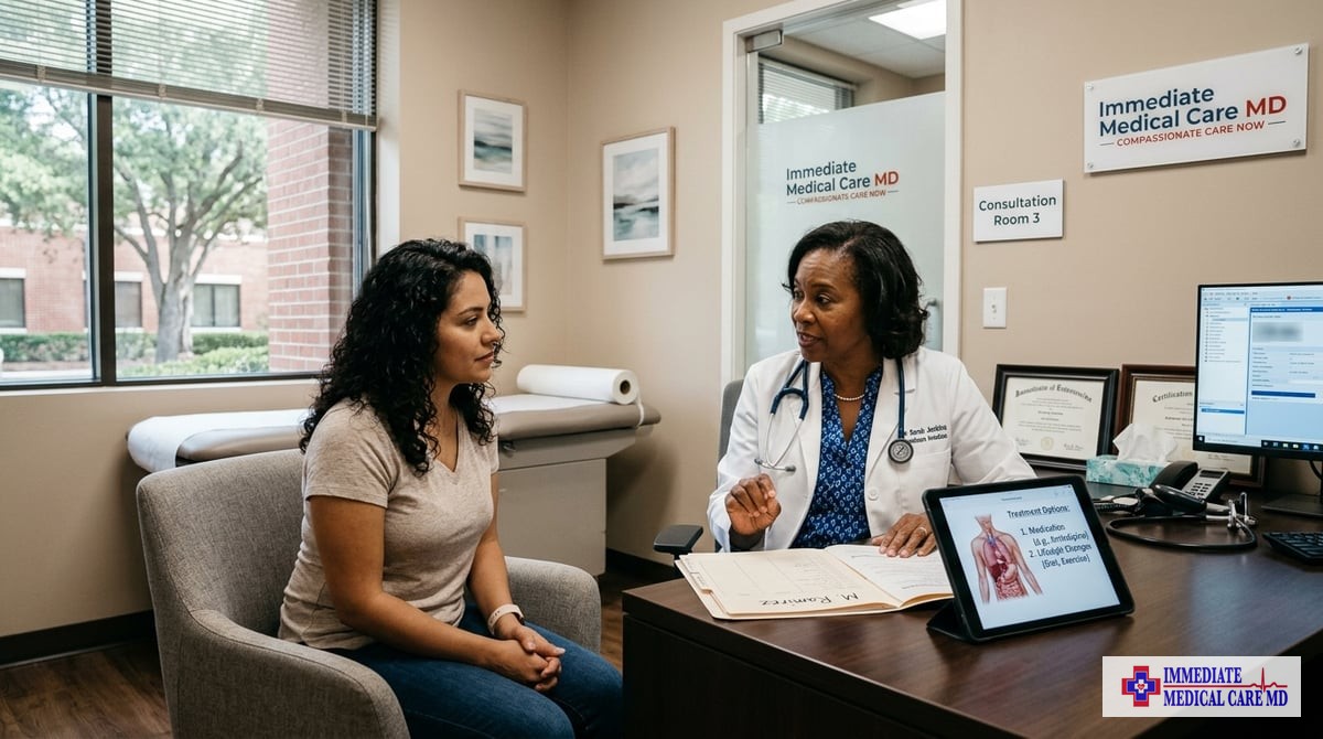 A consultation room at Immediate Medical Care MD, depicting a physician discussing treatment options