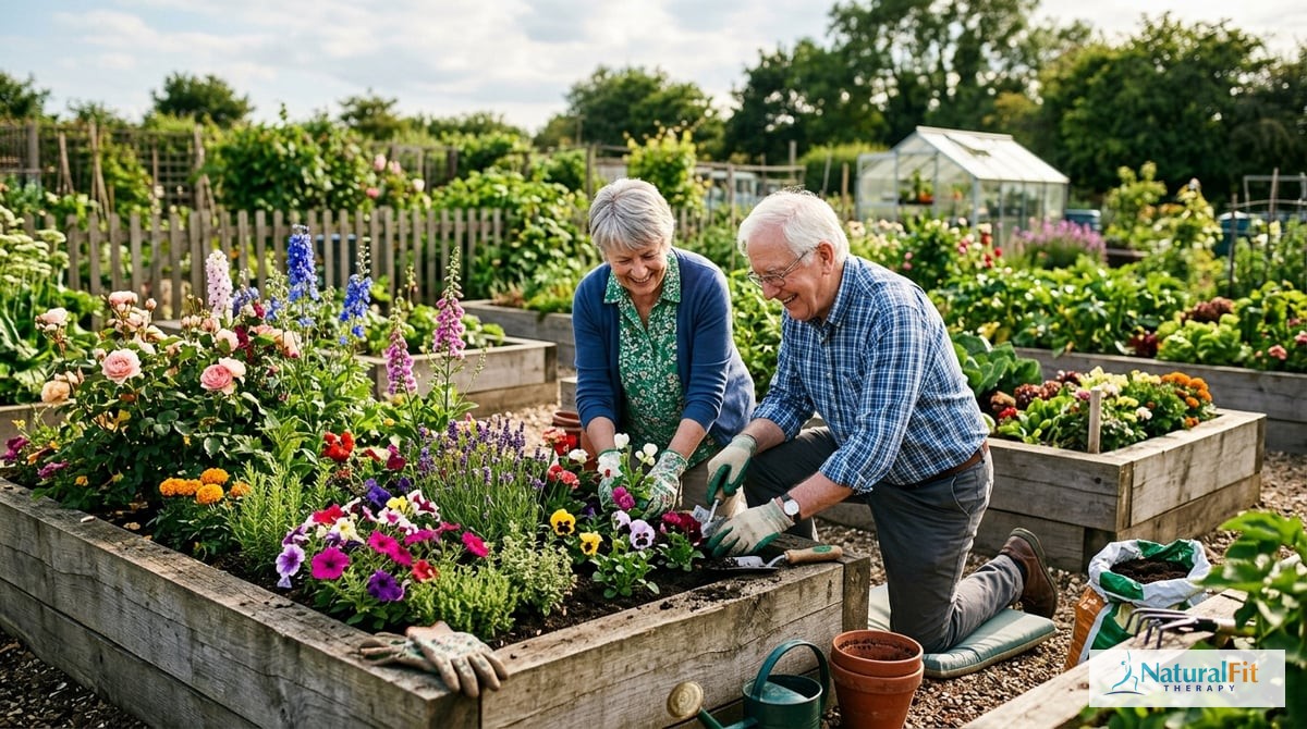 An elderly couple gardening together, smiling as they bend to tend to a flower bed. The scene shows