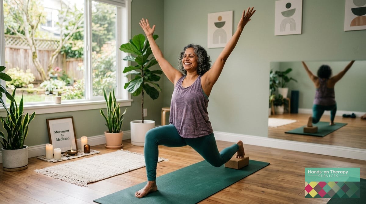 A happy middle-aged woman engaged in a yoga pose, expressing joy, surrounded by a serene room, showc
