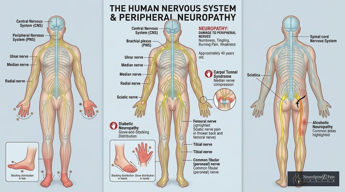 A detailed illustration showing the human nervous system, highlighting peripheral nerves and common