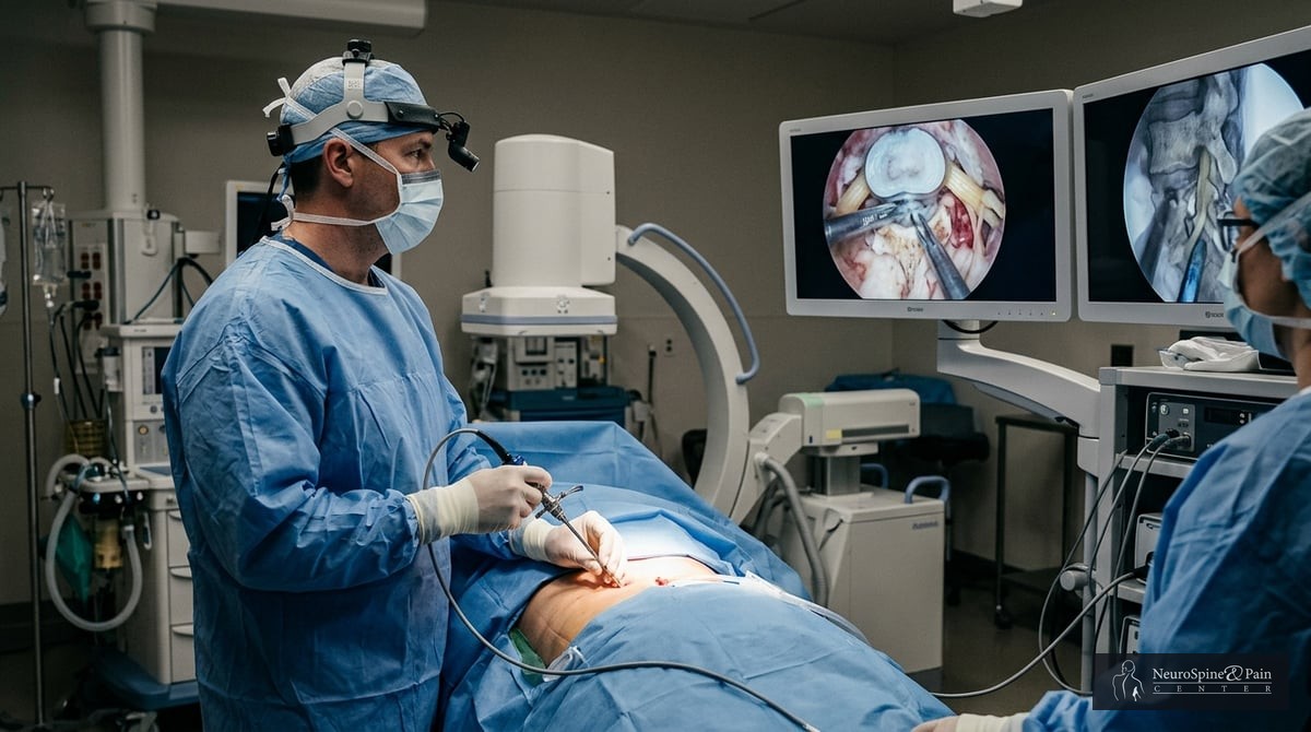 A surgeon performing endoscopic spine surgery, demonstrating the use of specialized instruments inse