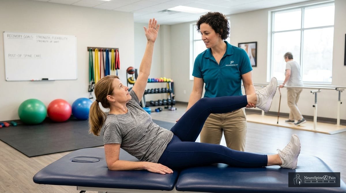 An image depicting a patient participating in physical therapy after endoscopic spine surgery, focus