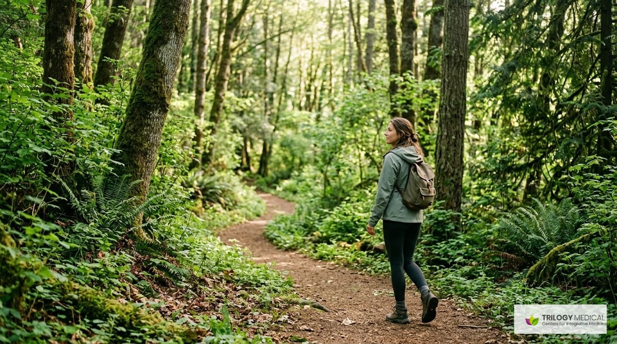 A serene photo of a lush green forest path symbolizing natural wellness, with a calm person walking,