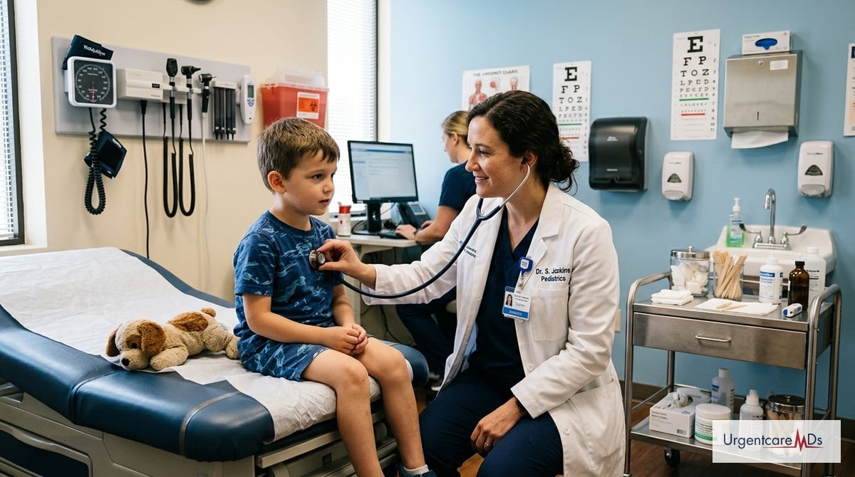 A doctor performing a physical exam on a child in an urgent care clinic, with medical tools visible 