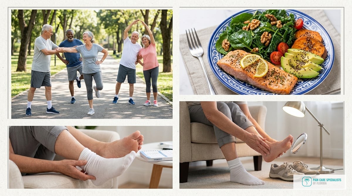 A collage showing active seniors exercising, a healthy plate of food emphasizing omega-rich ingredie