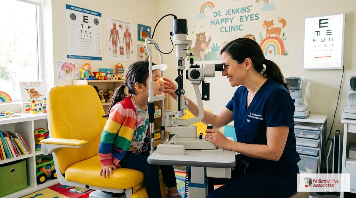 A pediatric eye doctor examining a young child's eyes in a bright, cheerful office setting. The doct