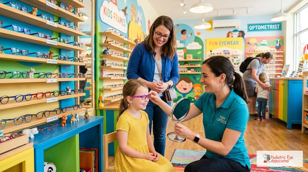 A brightly colored pediatric eyewear shop displaying various frames in cheerful designs for children
