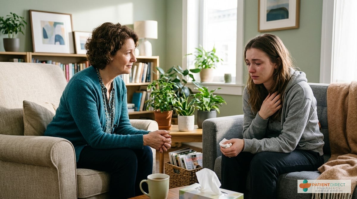 A compassionate scene depicting a healthcare professional engaging in a therapeutic session with a p